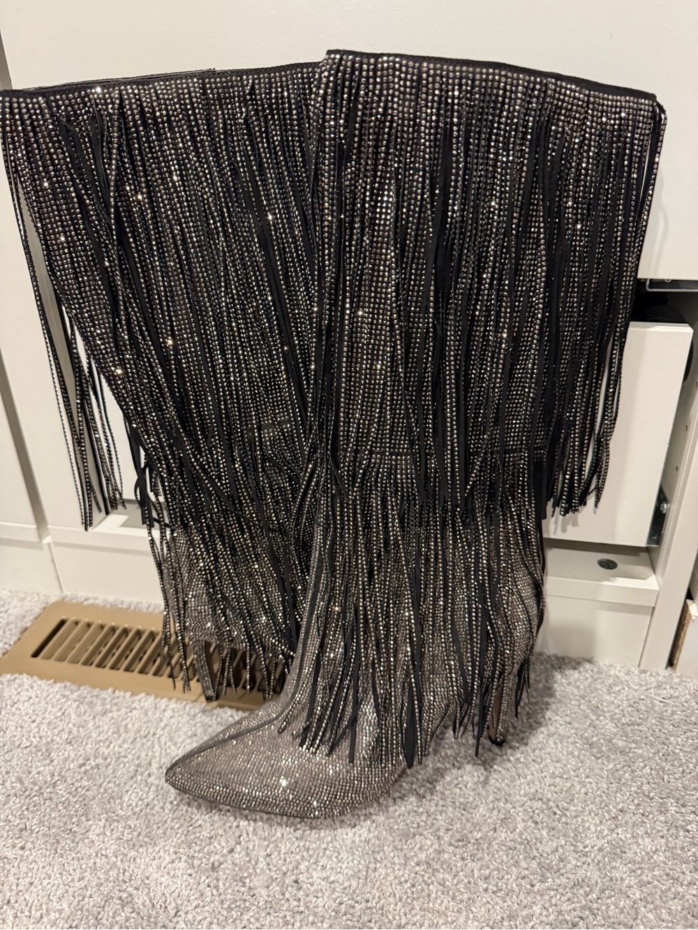 INC International Concepts Black Rhinestone Fringe Over-the-Knee Boots